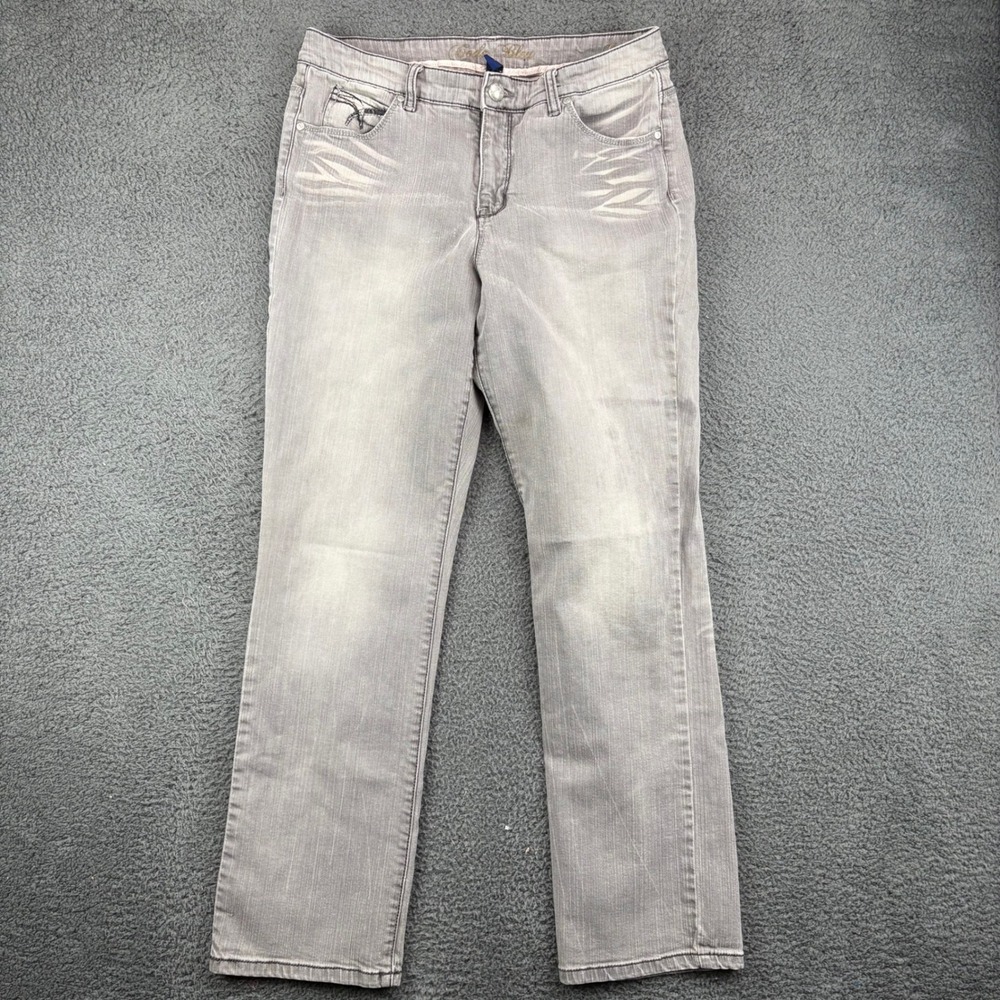 Code Bleu Gray Straight Leg Jeans Womens 12 Regular Embellished Whiskered Denim